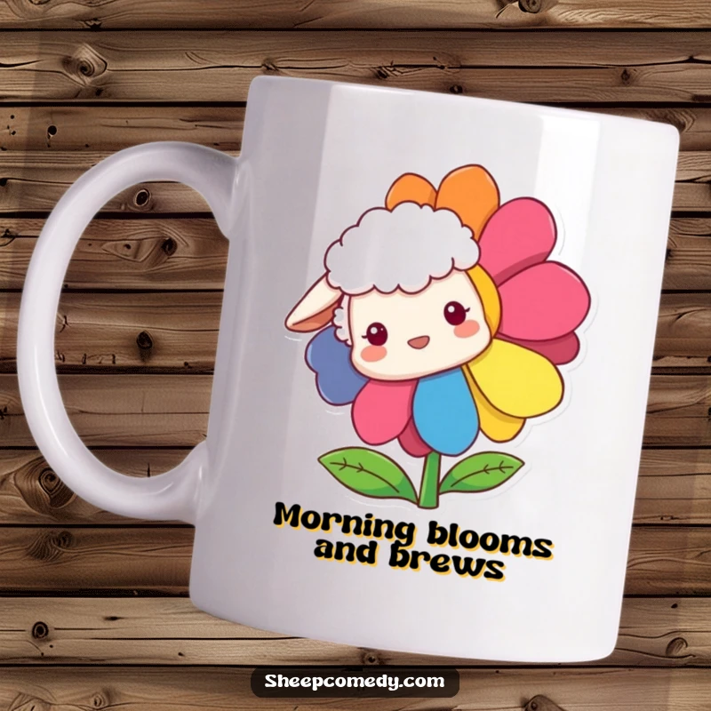 Funny Sheep Mug showing a curious sheep peeking from behind a vibrant, rainbow-colored flower, bringing a smile.