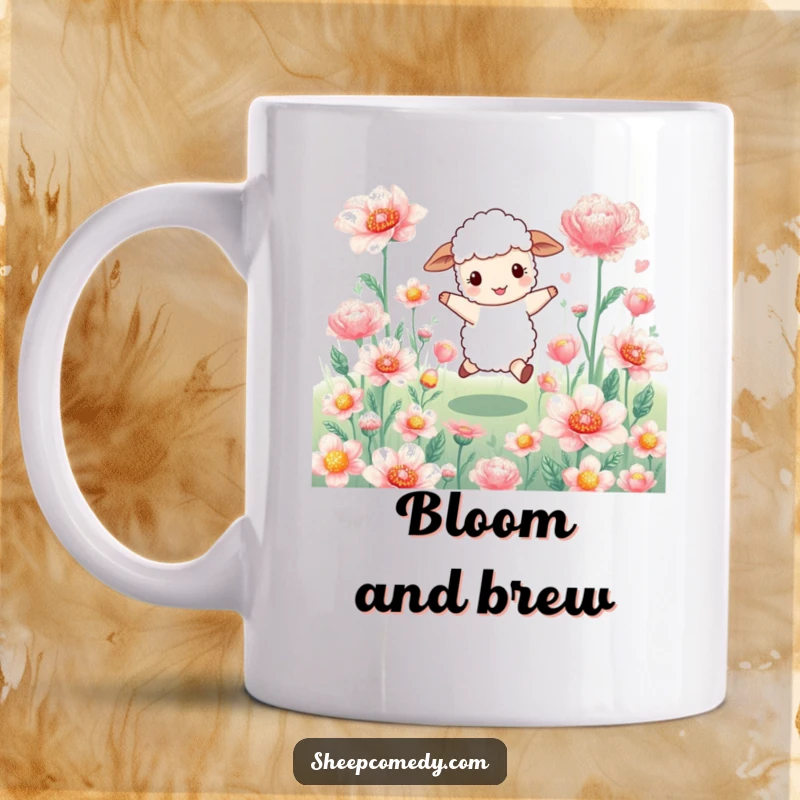 Funny sheep mug: a happy sheep character joyfully skips through a field of giant, shimmering flowers, radiating pure delight.
