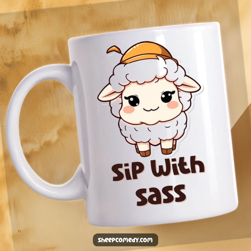 Funny mug showing a sheep character winking mischievously while sporting a tiny, jaunty hat, exuding playful charm.