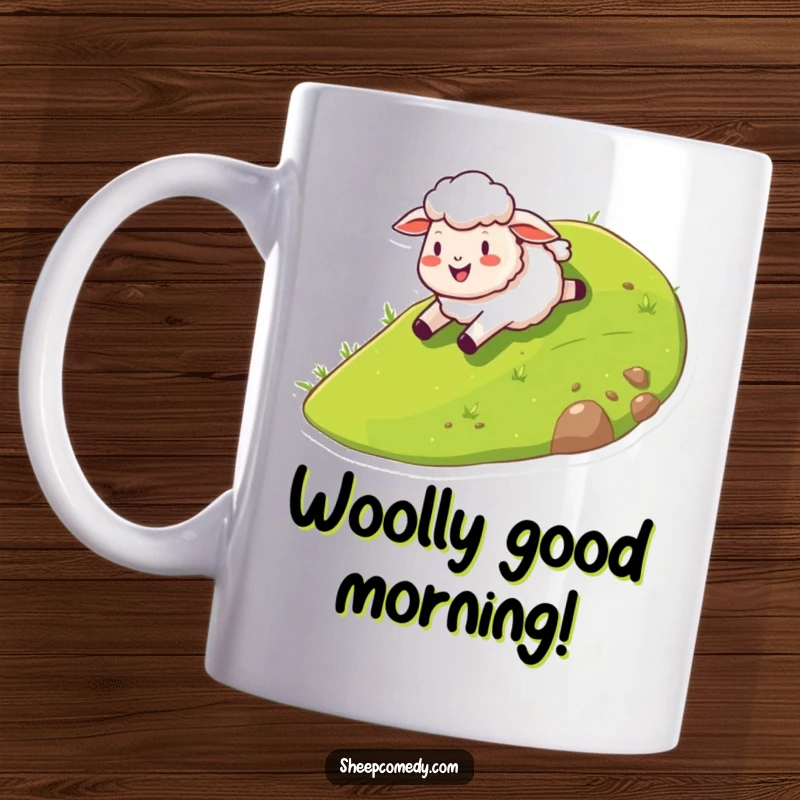 Funny sheep mug showing a happy sheep character gleefully sliding down a stylized grassy hill, embodying pure downhill delight.