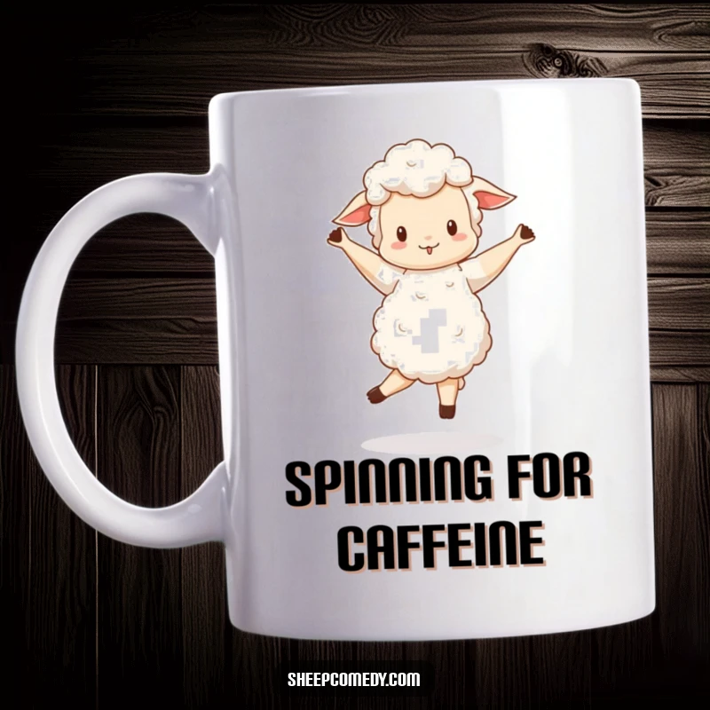Funny Sheep mug showing a sheep doing a wobbly, happy pirouette, a delightful gift for dancers and sheep fans.