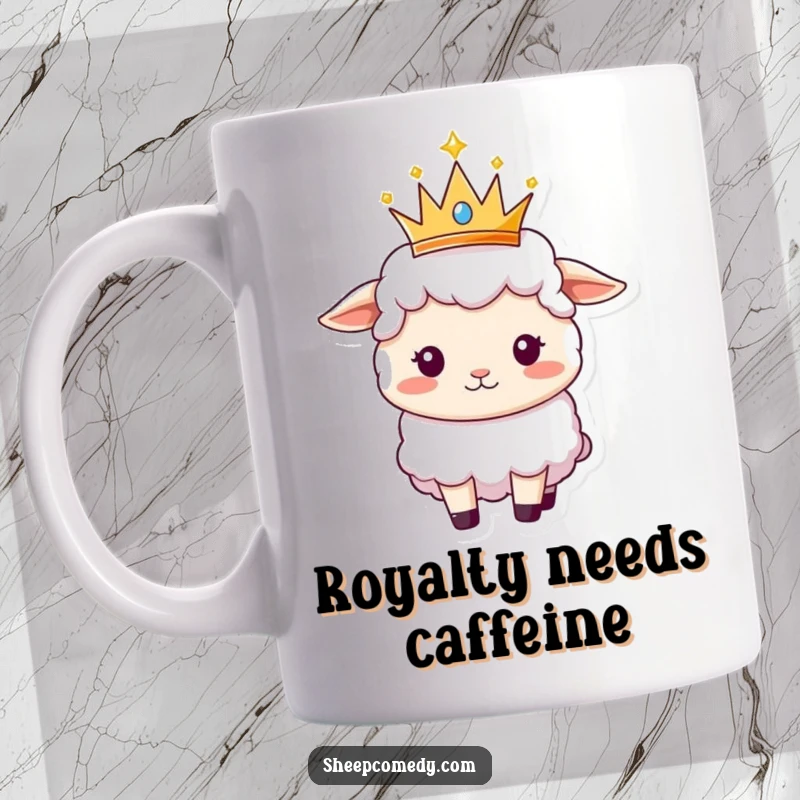 Funny Sheep mug showing a fluffy sheep regal-ly balancing a small, sparkly crown on its head.