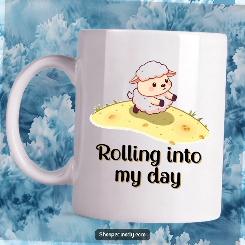 Funny Sheep Mug: An energetic sheep character joyfully rolling down a lush green grassy slope, radiating pure fun.