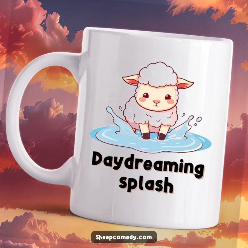 Funny mug with a sheep character gleefully splashing in a puddle that reflects the bright blue sky, embodying playful imagination.