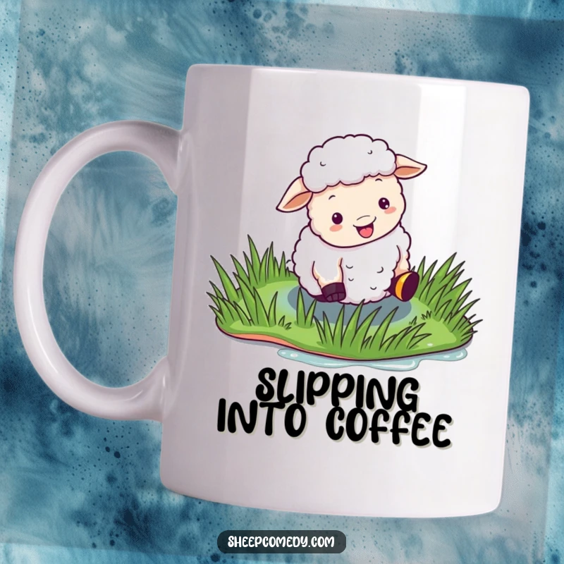 Funny Sheep Mug showing a sheep comically slipping and sliding on a patch of wet, shiny grass, pure slapstick.