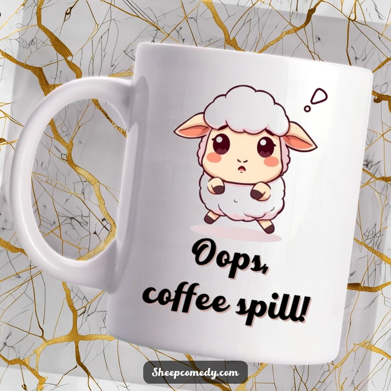 Funny Sheep mug showing a sheep stumbling and letting out a surprised 'baaa', a humorous gift for animal lovers.