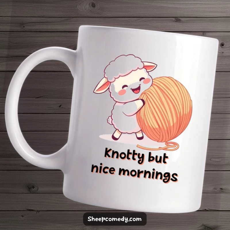 Funny Sheep Mug: A determined sheep joyfully rams into a huge, bouncy ball of colorful yarn with glee.
