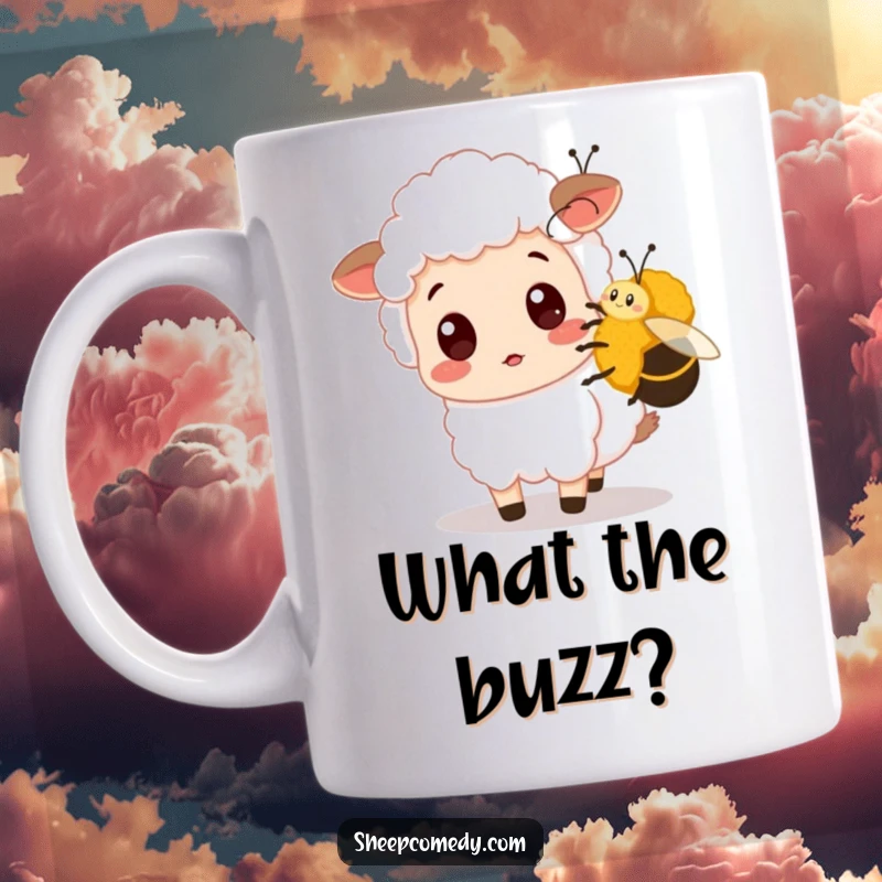 Funny Sheep Mug shows a surprised sheep being gently nudged by a friendly bumblebee, capturing a moment of humorous, unexpected interaction.