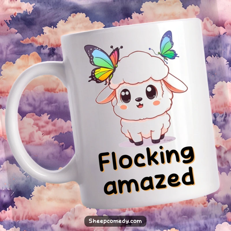 Funny sheep mug featuring a sheep with wide, surprised eyes, mesmerized by a beautiful, vibrant rainbow butterfly fluttering nearby.