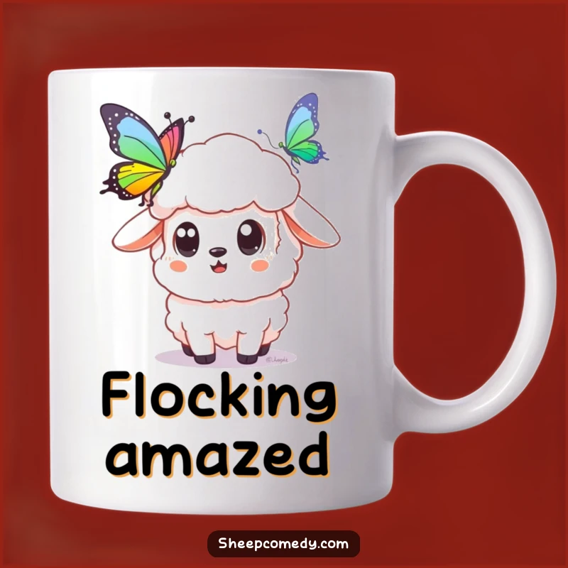 Funny Surprised Sheep Mug: Enchanting Rainbow Butterfly Moment Gift