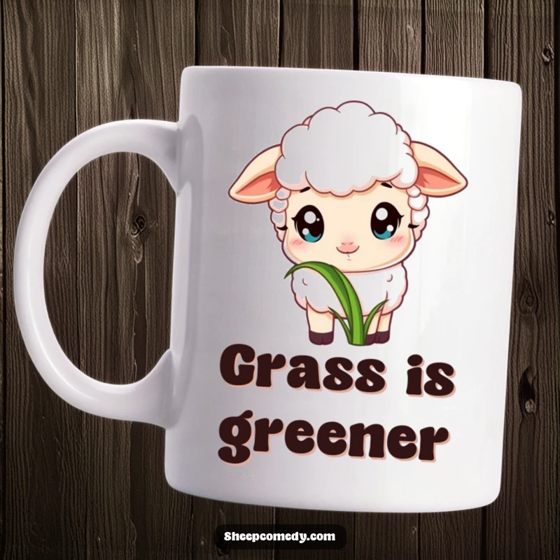 Funny mug showing a sheep with wide, innocent eyes, contentedly nibbling on a single, particularly delicious-looking blade of grass.