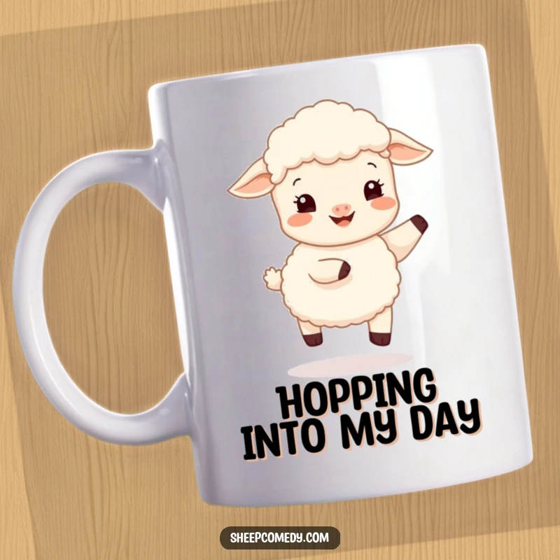 Funny sheep cub mug depicting a happy lamb performing a gentle, bouncy hop with an infectious smile, radiating pure joy.