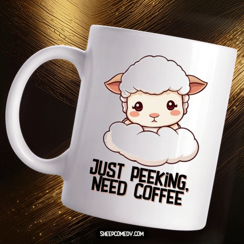 Funny sheep mug with mild eyes, peeking cautiously from behind a soft, fluffy cloud, conveying a sense of sweet curiosity.