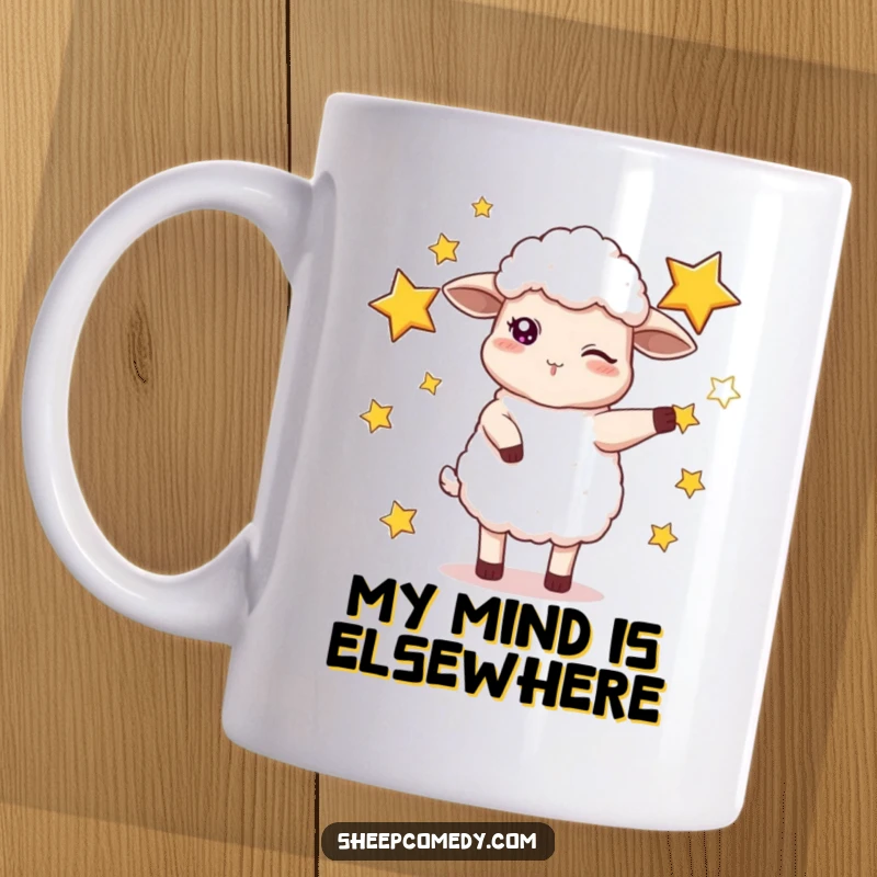 Funny mug featuring a mischievous sheep winking and skillfully juggling big, glowing stars, evoking cosmic fun.