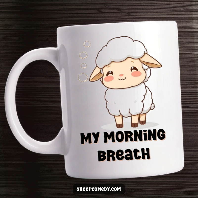 Funny sheep character exhaling a soft mist with a look of pure happiness, featured on a comforting mug.
