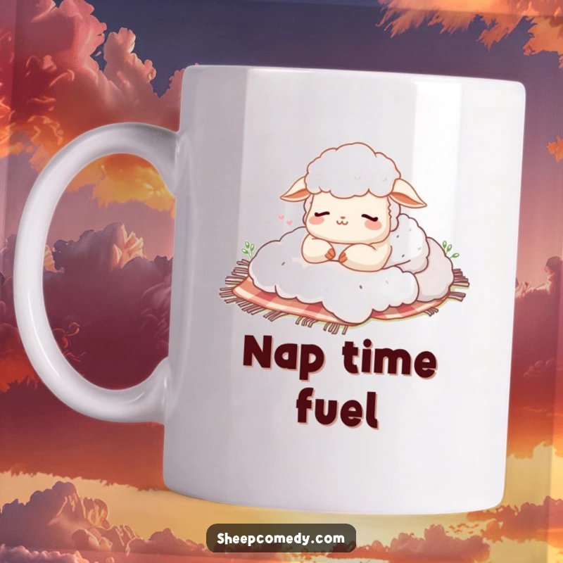 Funny mug with a sheep character taking a happy sigh nap on a fluffy picnic blanket, embodying pure relaxation and contentment.