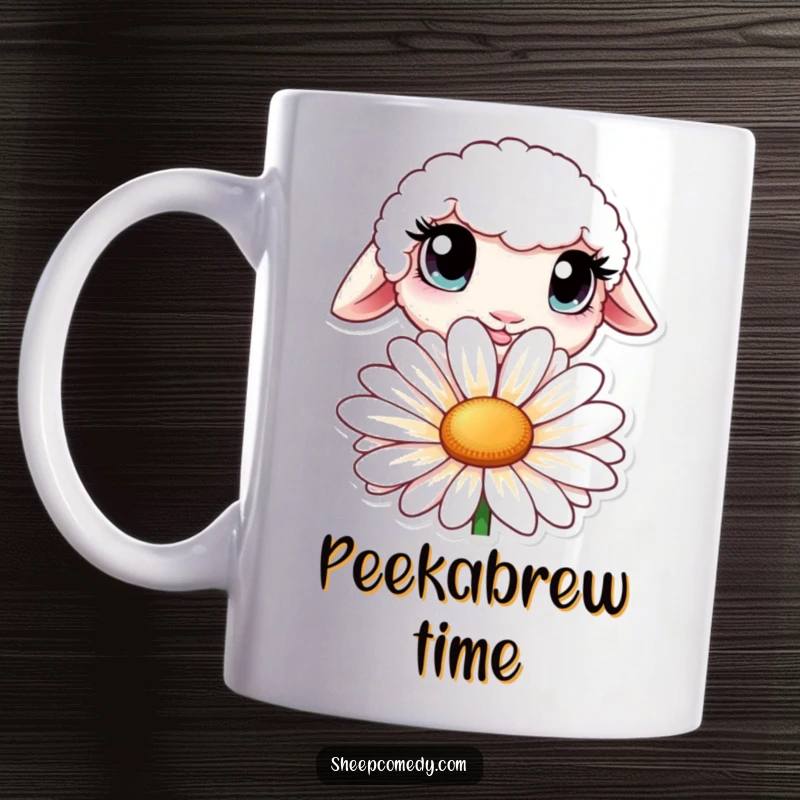 Funny mug showing a sheep with oversized, curious eyes peeking playfully from behind a large, vibrant daisy.