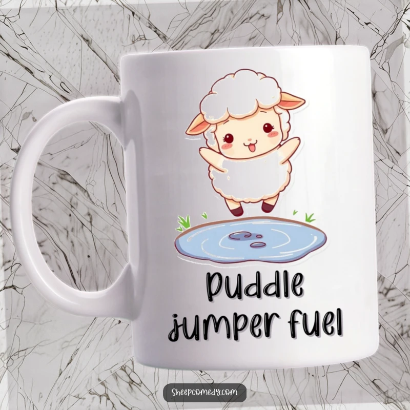 Funny mug depicting a fluffy sheep with woolly texture, playfully mid-jump over a small puddle.