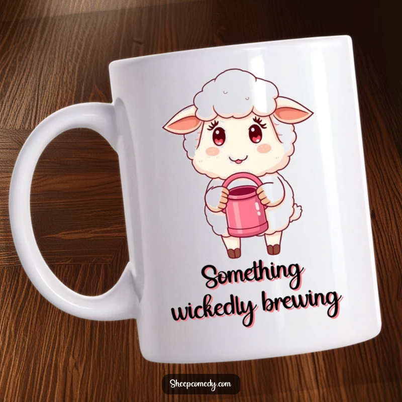 Funny Sheep Mug: A sheep with a mischievous twinkle holds a tiny watering can, ready for playful gardening antics.