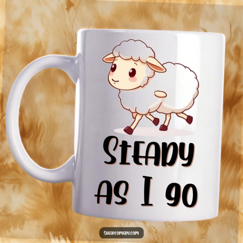 Funny mug showing a sheep character with unsteady, wobbly legs walking alongside a supportive friend, celebrating companionship.
