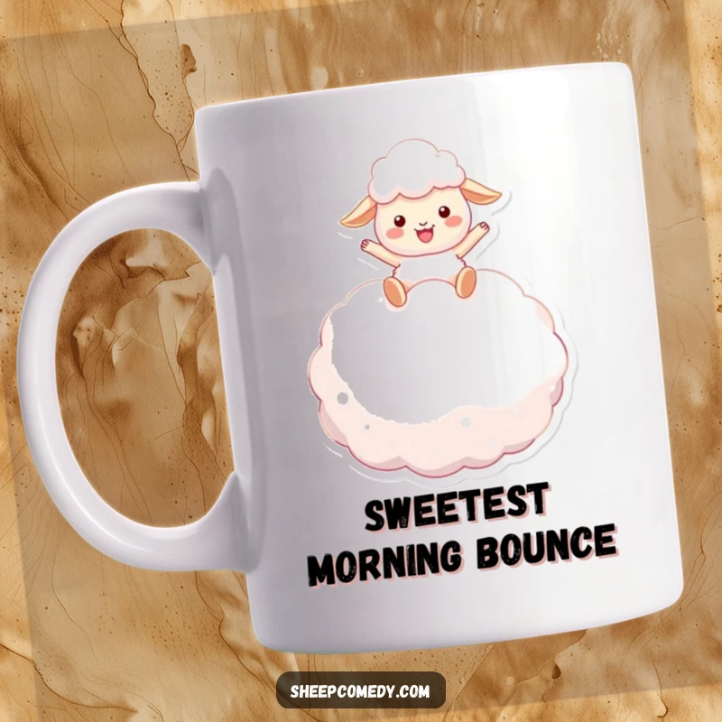 Funny sheep mug: a happy sheep character gleefully bounces on a huge, soft marshmallow, embodying pure joy and comfort.