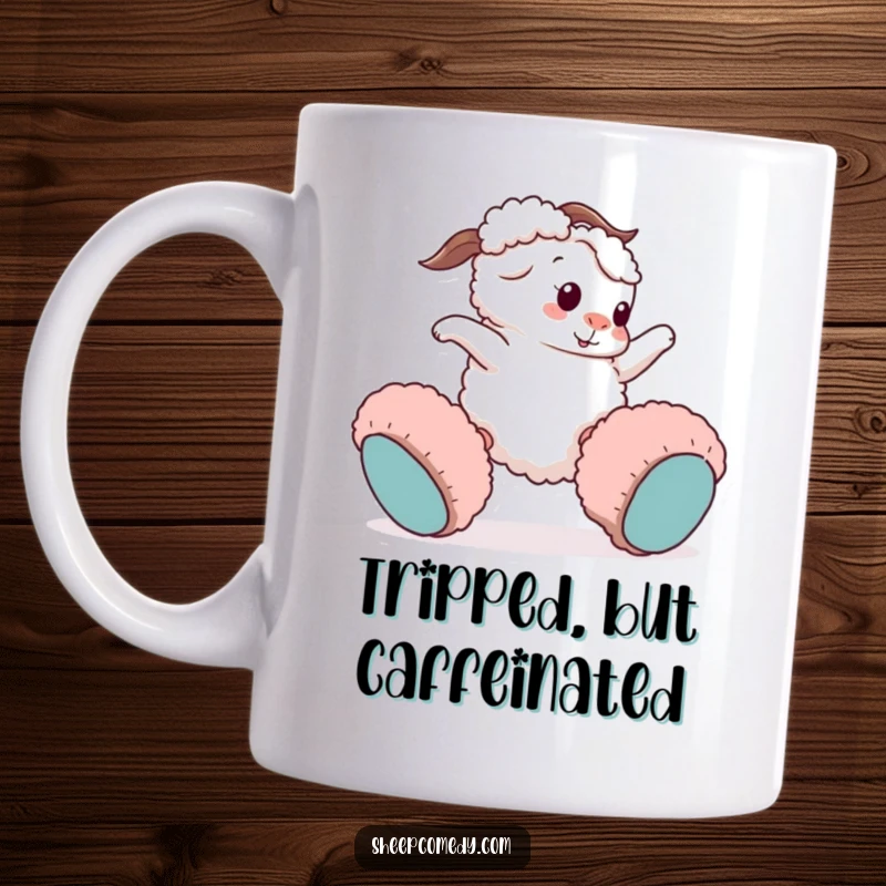 Funny sheep mug: a playful sheep character comically trips while wearing huge, fuzzy slippers, embodying lovable clumsiness.
