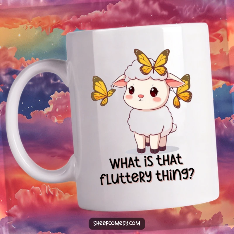 Funny sheep mug with a curious head tilt, captivated by a bright butterfly, perfect for a whimsical gift.