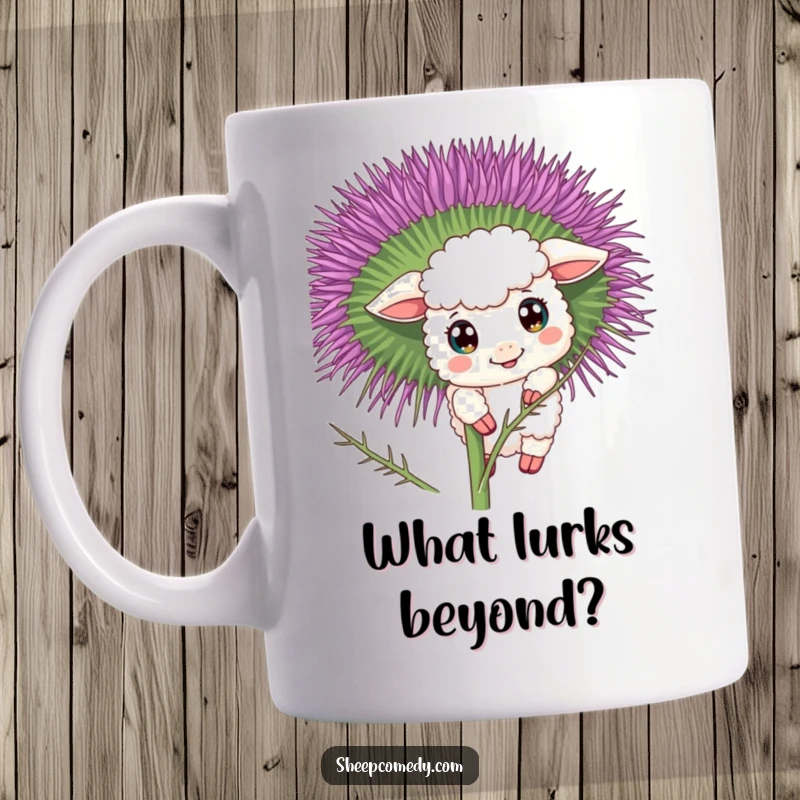 Funny sheep mug with a curious character peeking from behind a large blooming thistle, eyes wide with wonder.