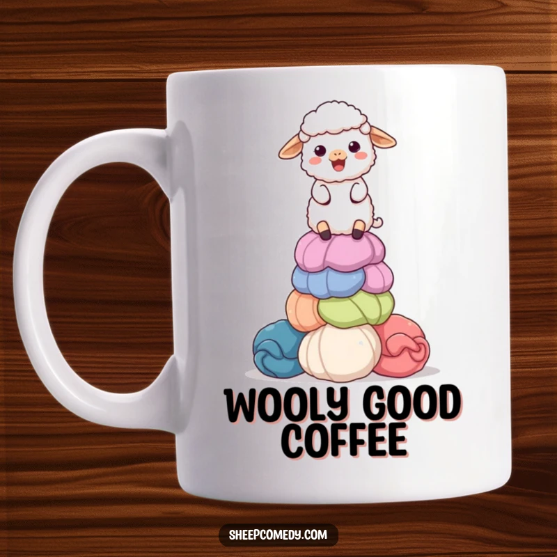 Funny mug featuring a delighted sheep character balancing a tall stack of colorful, giant wool balls, showing impressive dexterity.