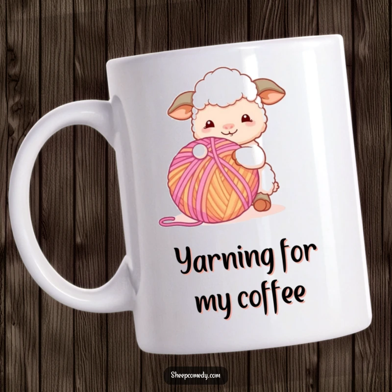 Funny Sheep Mug: A happy sheep character joyfully playing with a giant, colorful ball of yarn, embodying playful creativity.