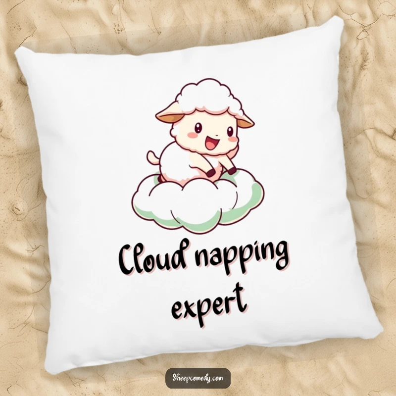 Funny Sheep Pillow: A plush pillow featuring a sheep character joyfully bouncing on a fluffy green cloud, perfect for relaxation.