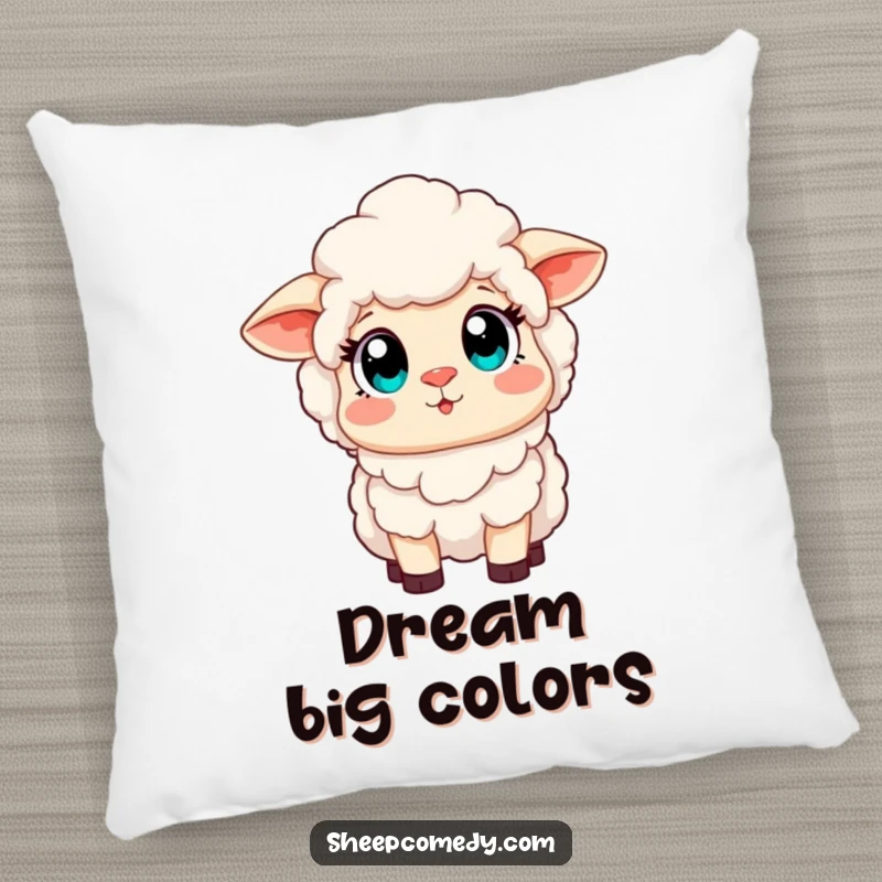 Funny pillow showcasing a sheep character with wide, amazed eyes beholding a spectacular rainbow, bringing a touch of magic to home decor.