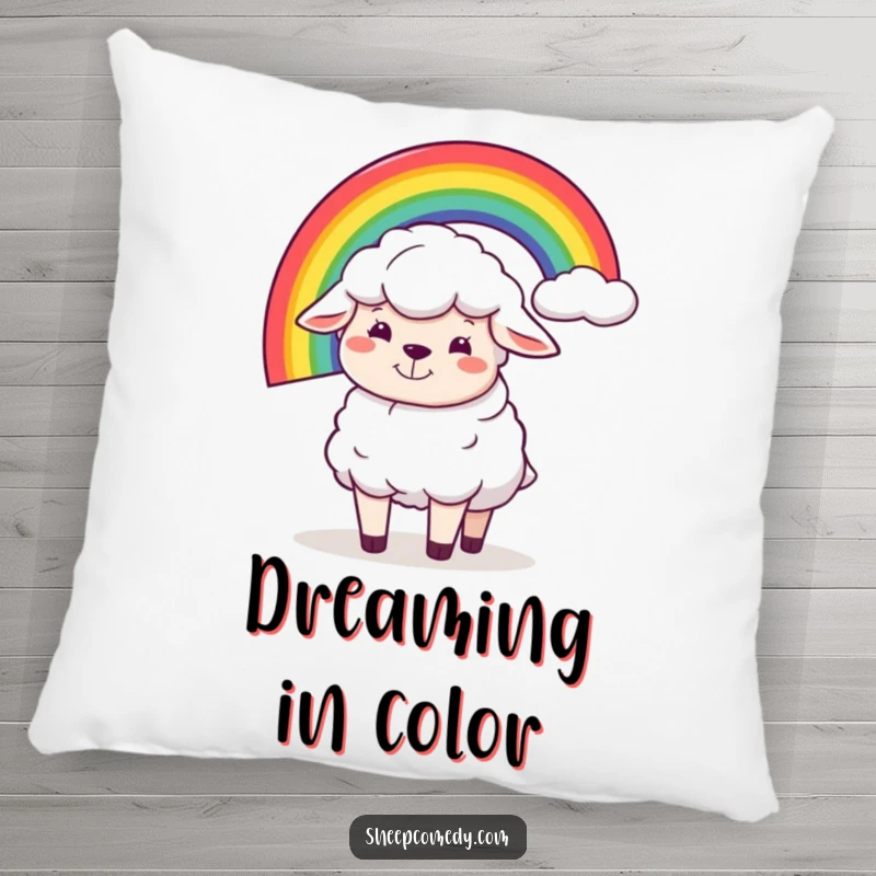 Funny pillow showcasing a sheep character's silly grin, humorously balancing a rainbow, a whimsical and cozy addition to any space.