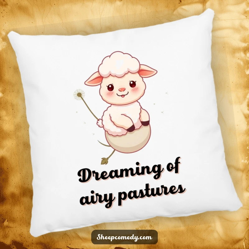 Funny Sheep Pillow: A contented sheep floats on a dandelion, bringing soft, whimsical humor to any seating area.