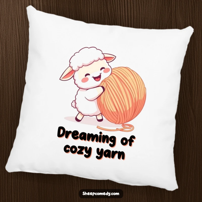Funny Sheep Pillow: A sheep energetically butts a large ball of yarn, perfect for adding whimsical comfort to any space.