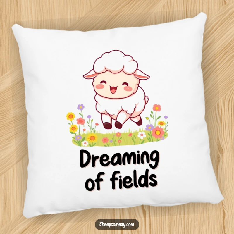 Funny pillow with a fluffy sheep mid-leap, bleating joyfully, surrounded by a vibrant field brimming with colorful flowers, offering soft comfort.