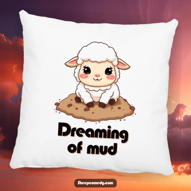 Funny sheep pillow with a pleased sheep rolling in soft dirt, providing a comical and comfortable decorative accent.