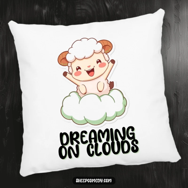Funny Sheep Pillow: A plush pillow featuring a sheep character bouncing happily on a fluffy green cloud, perfect for cozy dreams.