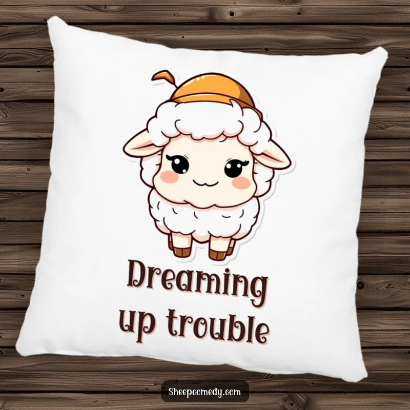 Funny pillow showcasing a sheep character with a mischievous wink and a tiny hat, adding a playful and humorous element.