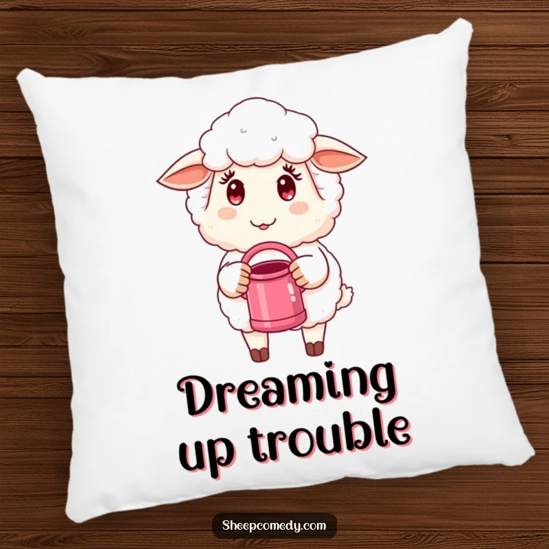 Funny Sheep Pillow: A plush cushion featuring a sheep with a twinkle in its eye holding a small watering can.