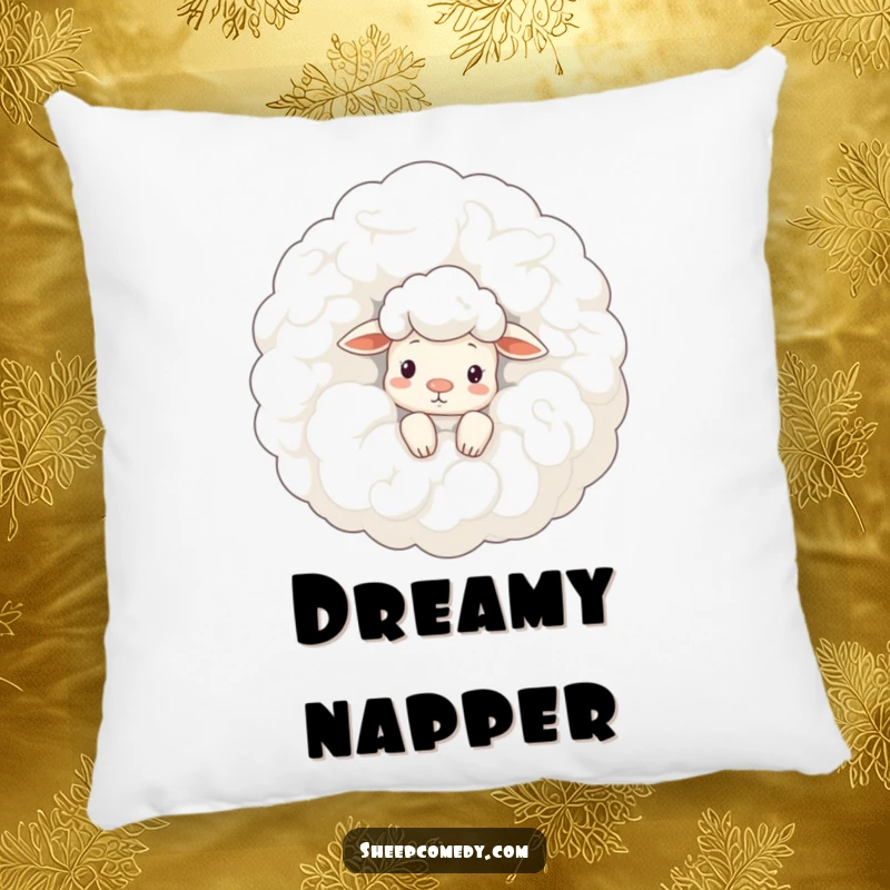 Funny sheep pillow: a curious sheep peeks from behind a huge, fluffy cloud, offering soft comfort and a hint of sky mystery.