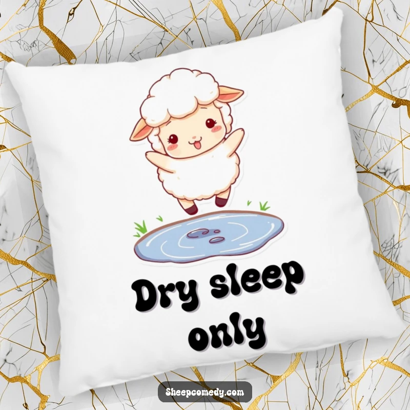 Funny pillow showcasing a fluffy, woolly sheep playfully jumping over a small puddle, perfect for comfort.