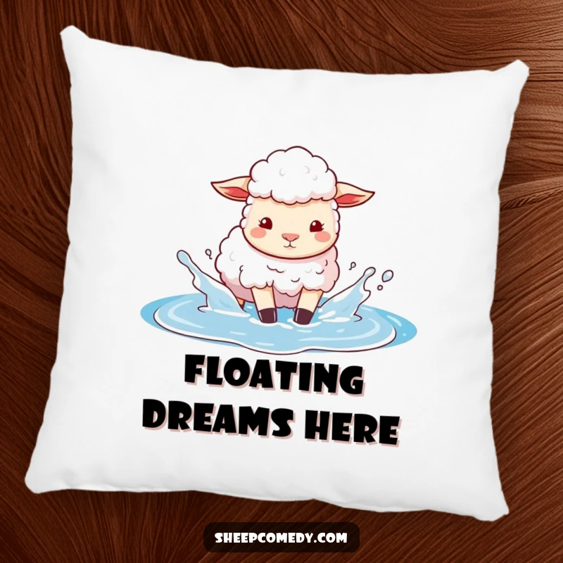 Funny pillow showcasing a sheep character playfully splashing in a puddle of bright blue sky, a whimsical and cozy home decor item.