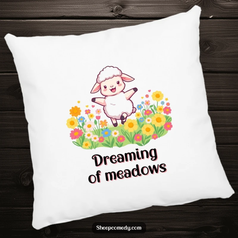 Funny Sheep Pillow displays a happy sheep joyfully spinning in a field of flowers, adding whimsical humor and soft comfort to decor.