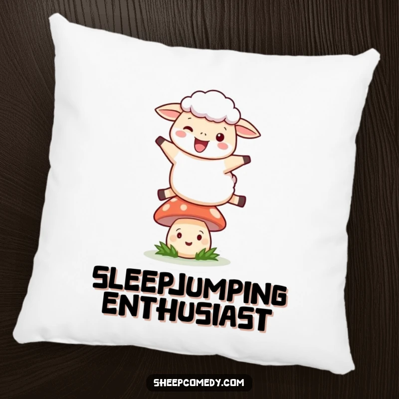 Funny Leaping Sheep Pillow: A sheep joyfully leaping over a smiling mushroom, a soft and humorous decorative item.