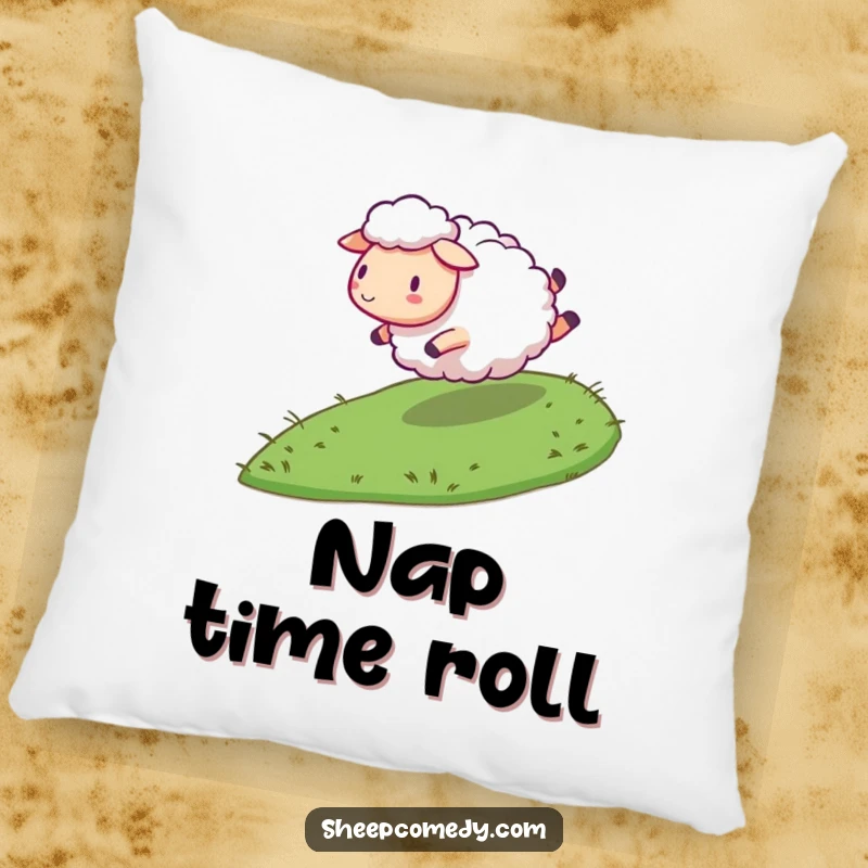 Funny Sheep Pillow: A plush pillow featuring a sheep character energetically rolling down a grassy slope, perfect for cozy, humorous vibes.