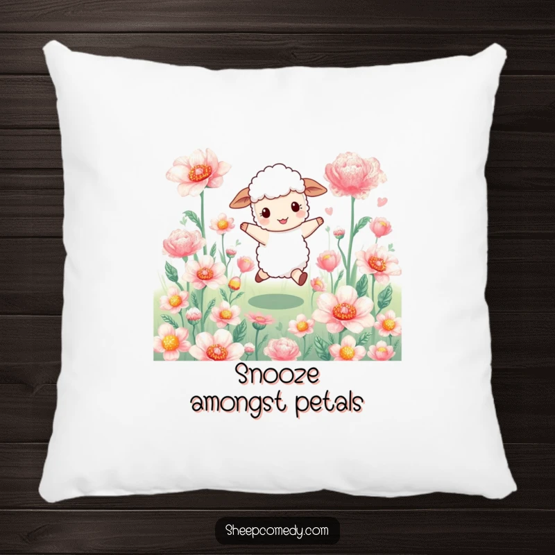 Funny sheep pillow: a happy sheep character skips joyfully amidst huge, shimmering flowers, offering soft comfort and floral beauty.