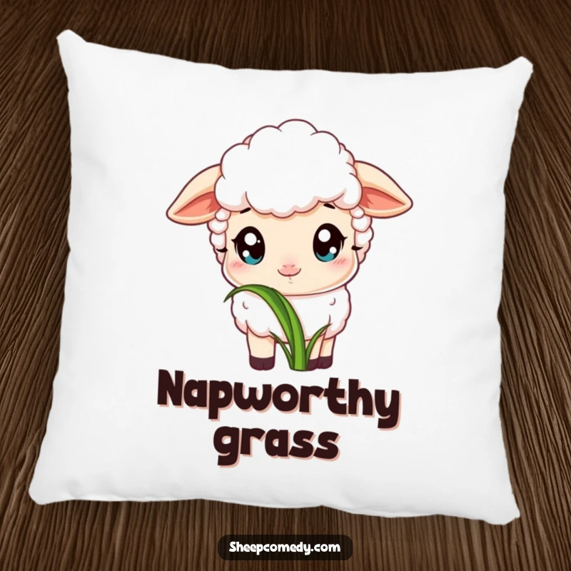 Funny pillow with a sheep featuring wide, innocent eyes, peacefully nibbling on a particularly tasty blade of grass, offering soft comfort.