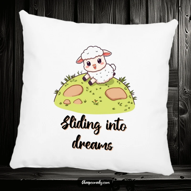 Funny pillow with a giddy sheep character sliding down a whimsical, grassy hill, offering comfort with a delightful touch of pure joy.