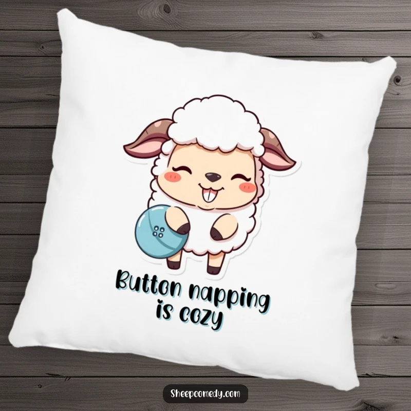 Funny sheep pillow featuring a mischievous sheep nudging a lost button, soft and humorous home decor.